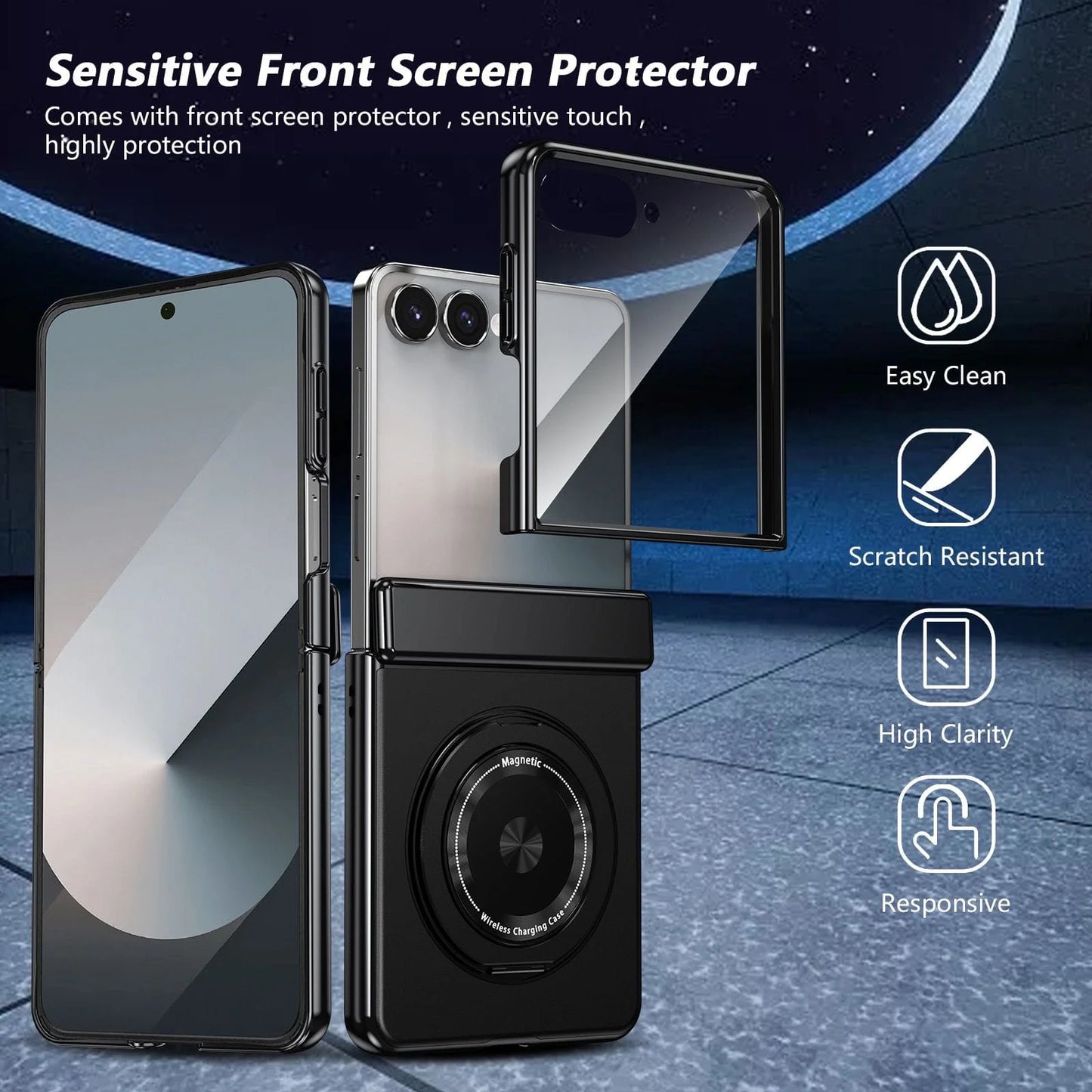 Magnetic Ring Kickstand Case with Tempered Glass (Fold + Flip)