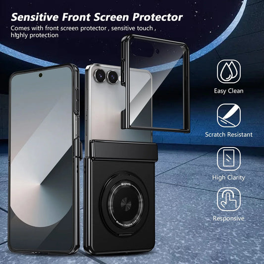 Magnetic Ring Kickstand Case with Tempered Glass (Fold + Flip)