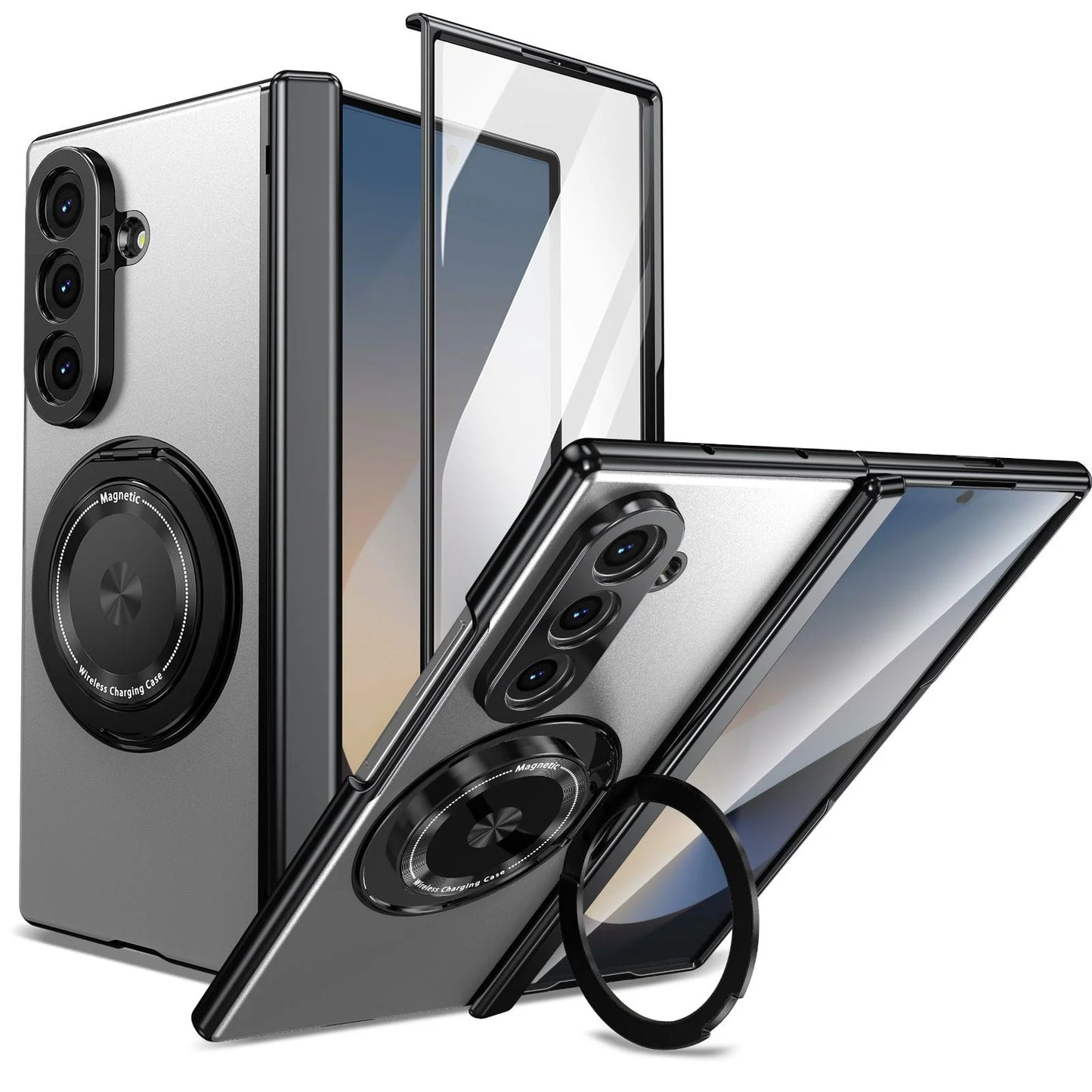 Magnetic Ring Kickstand Case with Tempered Glass (Fold + Flip)